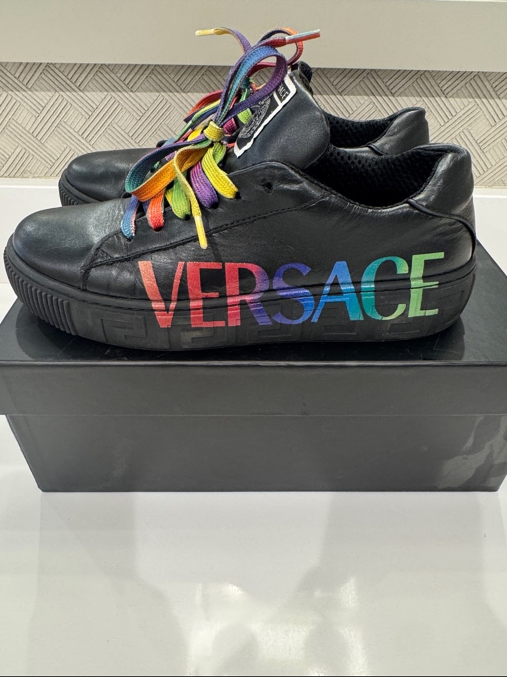 Versace Kids Black Leather Sneakers with Rainbow Logo and Laces size 36 US 5